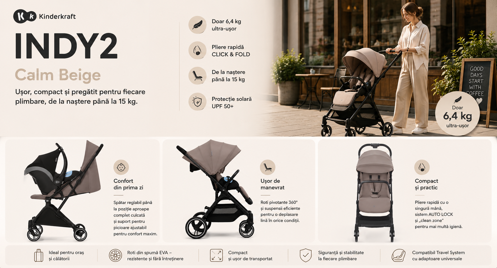 Carucior sport Kinderkraft INDY2 Calm Beige